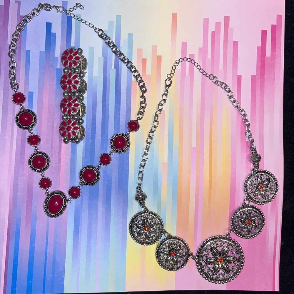 Paparazzi Red/silver necklace & bracelet. Western style orange stone necklace